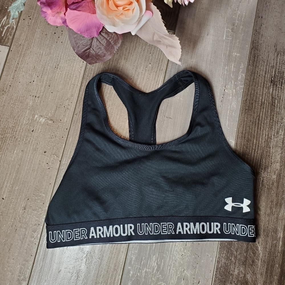 Under Armour Solid HeatGear Low Impact Sports Bra Black White Women's Size Small